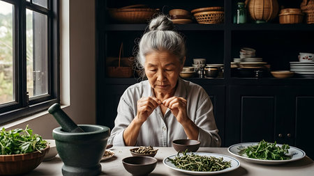 Elderly woman in kitchen preparing herbs.の素材