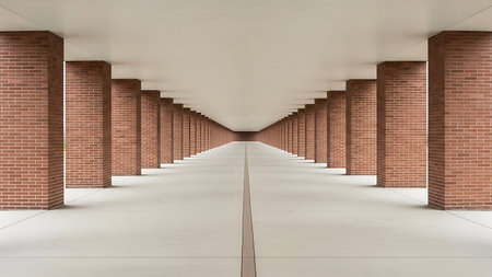 A serene and symmetrical corridor with brick pillars and a white ceiling.の素材