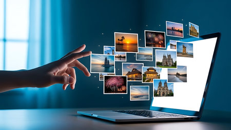 Hand reaching out to touch digital images of famous places on a laptop screen.の素材