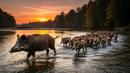A boar and piglets wade through a calm river during a beautiful sunset.の素材