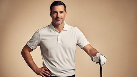 Man holding golf club confidently with one hand on hip and the other holding a golf club, wearing a white polo shirtの素材