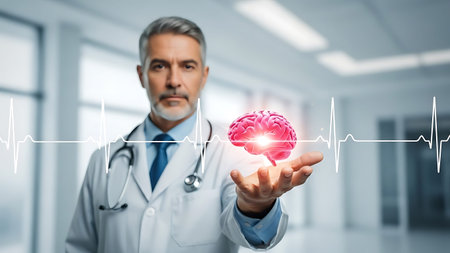 A doctor holding a glowing brain in a hospital setting.の素材