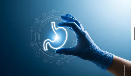 A hand in a blue glove presenting a shining stomach symbol with a futuristic design.の素材