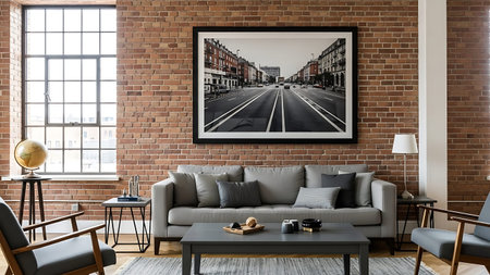 A modern living room with exposed brick, gray sofa, and a large city street photoの素材
