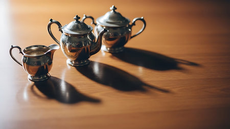 A still life of ornate metal teapots on a wooden table with contrasting light and shadows.の素材