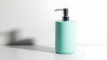 A mint green soap dispenser with a silver pump on a white surface.の素材
