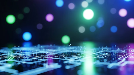 Neon-lit circuit board with bokeh lights in a dark setting.の素材