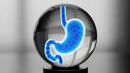 A blue stomach graphic is displayed inside a crystal ball on a black stand.の素材