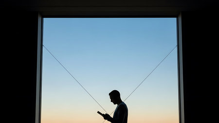Silhouette of man looking at phone by window during sunsetの素材