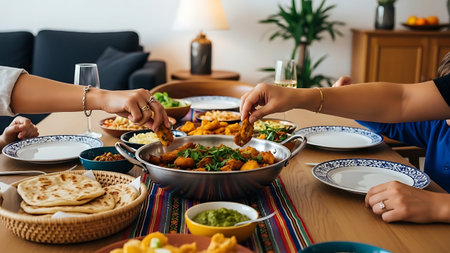 A group of people enjoying a meal together, sharing food from a large pan at a dining table set with plates and bowls.の素材