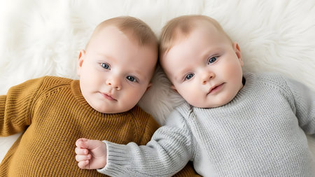 Cute twin babies in cozy sweaters on a fluffy white background.の素材