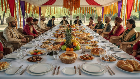 People in traditional clothing gathered around a long table with a variety of food and fruits in an outdoor setting.の素材