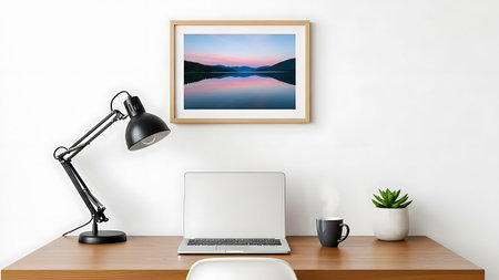 A calm and organized home office setup with modern furniture and decor.の素材