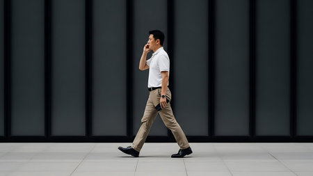 A man in business casual clothing walks and talks on his phone.の素材