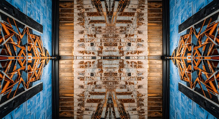Symmetrical photo of a wooden structure with orange metal framework.の素材