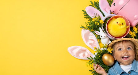 A child surrounded by Easter decorations and toys on a bright yellow background.の素材