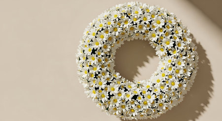 A floral wreath made of small white and yellow flowers on a beige background.の素材