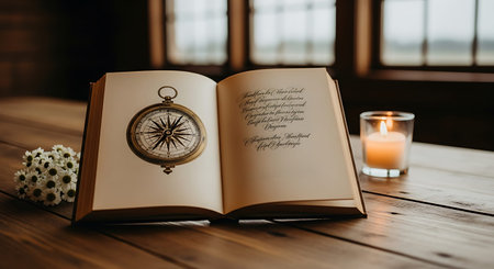 A book lies open on a wooden table with a compass and candle nearby.の素材