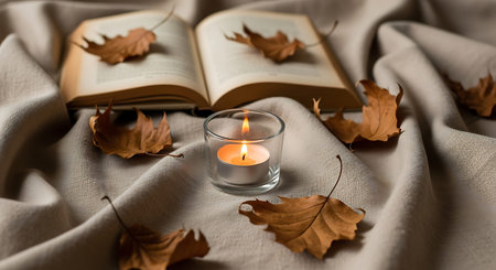 Cozy autumnal setup with candle, leaves, and book on fabric.の素材