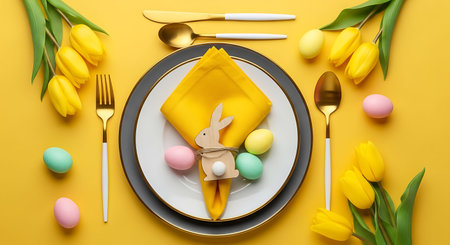 An Easter-themed table setting featuring a bunny and eggs on a yellow tablecloth surrounded by tulips.の素材