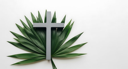 A calming arrangement featuring a gray cross on a bunch of green leaves.の素材