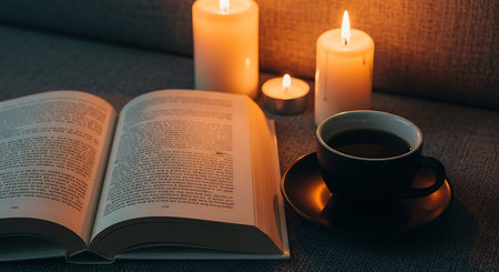 Cozy indoor scene with book, coffee, and candles on a couch.の素材