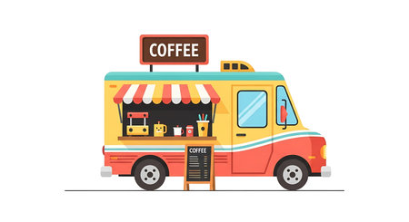 A vector illustration of a vibrant coffee truck with a sign and striped awning offering coffee to people on the go in a lively outdoor setting.のイラスト素材