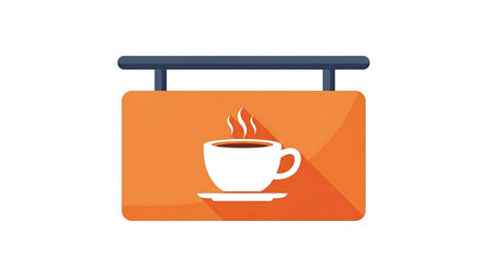 Vector illustration of a steaming hot coffee cup on a sign with a saucer.のイラスト素材