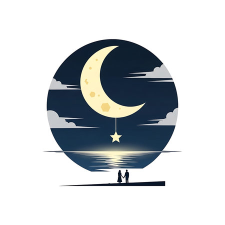 Night sky with moon and couple on pier. Vector Illustration.のイラスト素材