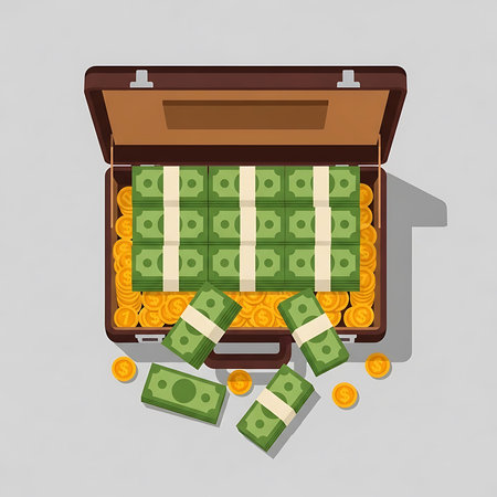 Treasure chest full of gold coins and banknotes. Vector illustration.