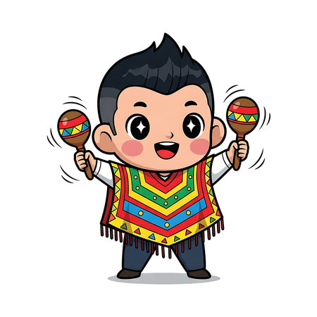 Illustration of a happy child with maracas and a traditional poncho.のイラスト素材