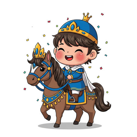 A cheerful cartoon boy in royal blue and gold attire rides a brown horse.のイラスト素材