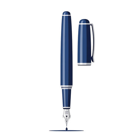 A detailed illustration of a blue fountain pen with its cap on and off.のイラスト素材