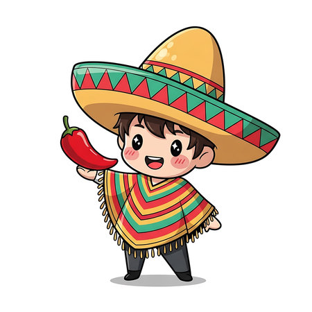 Illustration of a happy boy in traditional Mexican attire holding a chili pepper.のイラスト素材