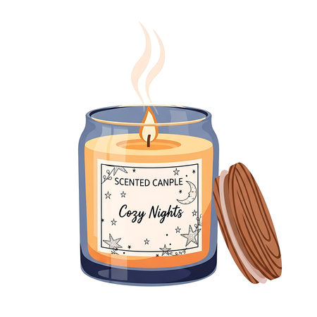 A cozy scented candle in a glass jar with a wooden lid.のイラスト素材