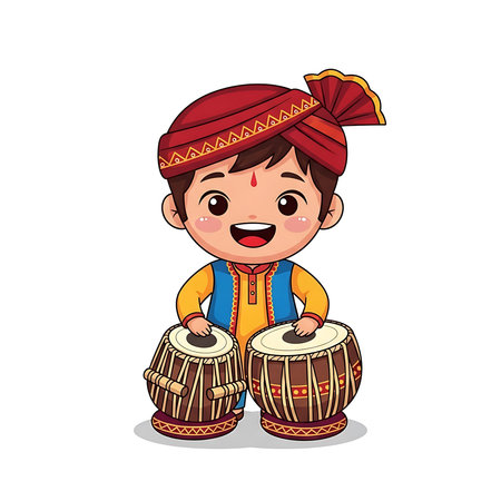Cartoon illustration of a smiling boy wearing a red turban and playing drumsのイラスト素材