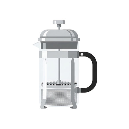 A detailed illustration of a French press coffee maker with a black handle and gray accents.のイラスト素材