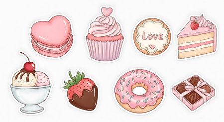 Digital illustration of various pink-themed desserts such as cupcakes, donuts, and chocolate-covered strawberries.のイラスト素材