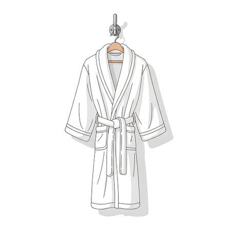 Simple illustration of a white bathrobe with belt and pockets hanging on a hook.のイラスト素材