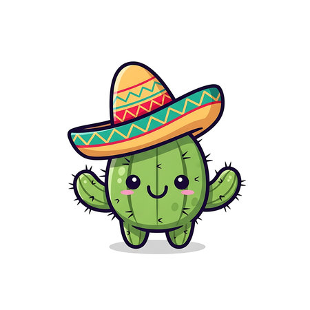 A smiling cactus character with a vibrant sombrero, depicted in a playful illustration.のイラスト素材