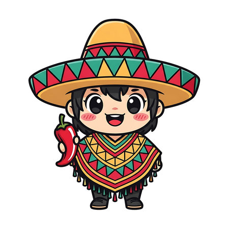 A cheerful cartoon character in traditional Mexican attire holding a chili pepper.のイラスト素材