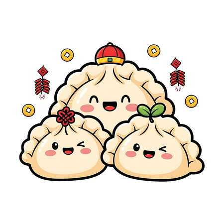 Illustration of three smiling dumplings with Chinese New Year elements.のイラスト素材