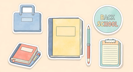 Illustration of school supplies on stickers including briefcase, books, pen, and clipboard.のイラスト素材
