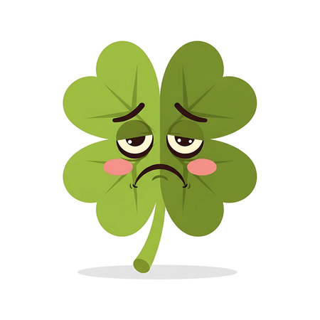 A sad-looking cartoon four-leaf clover with a frowning face.のイラスト素材