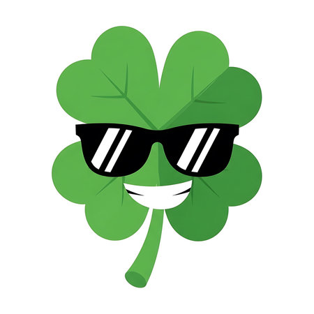 A cheerful clover illustration with sunglasses on a plain white background.