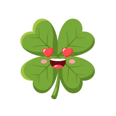 A cartoon four-leaf clover with a smiling face and heart eyes.