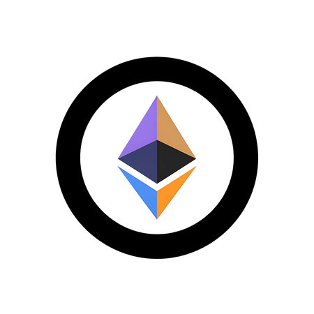 Ethereum  with multicolored triangle in black circle.