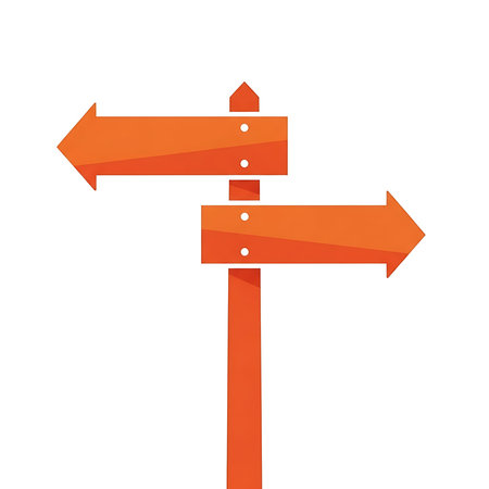 A simple illustration of a wooden signpost with two orange arrows.