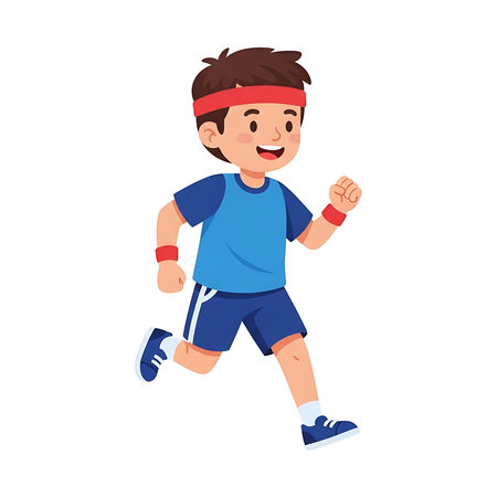Cartoon illustration of a joyful boy in athletic wear running.のイラスト素材