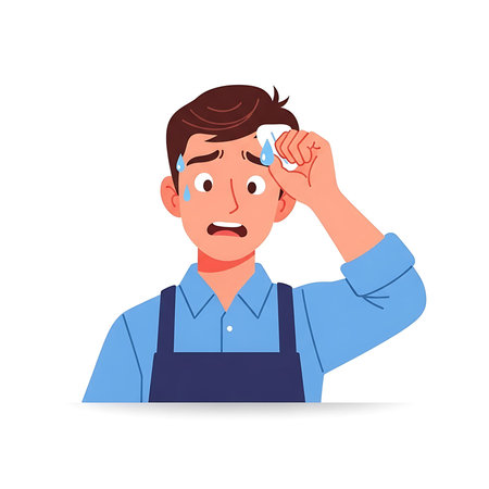 Illustration of a man wiping sweat, looking stressed.のイラスト素材